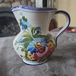 Floral Ceramic Pitcher with Blue Trim